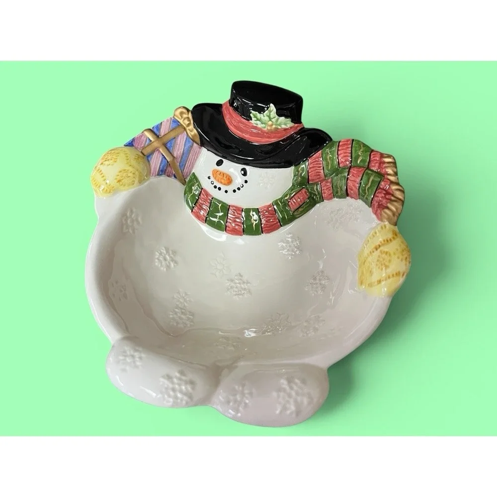 Fitz & Floyd Frosty Folks Snowman Candy Bowl Dish Winter Holiday Christmas Decor